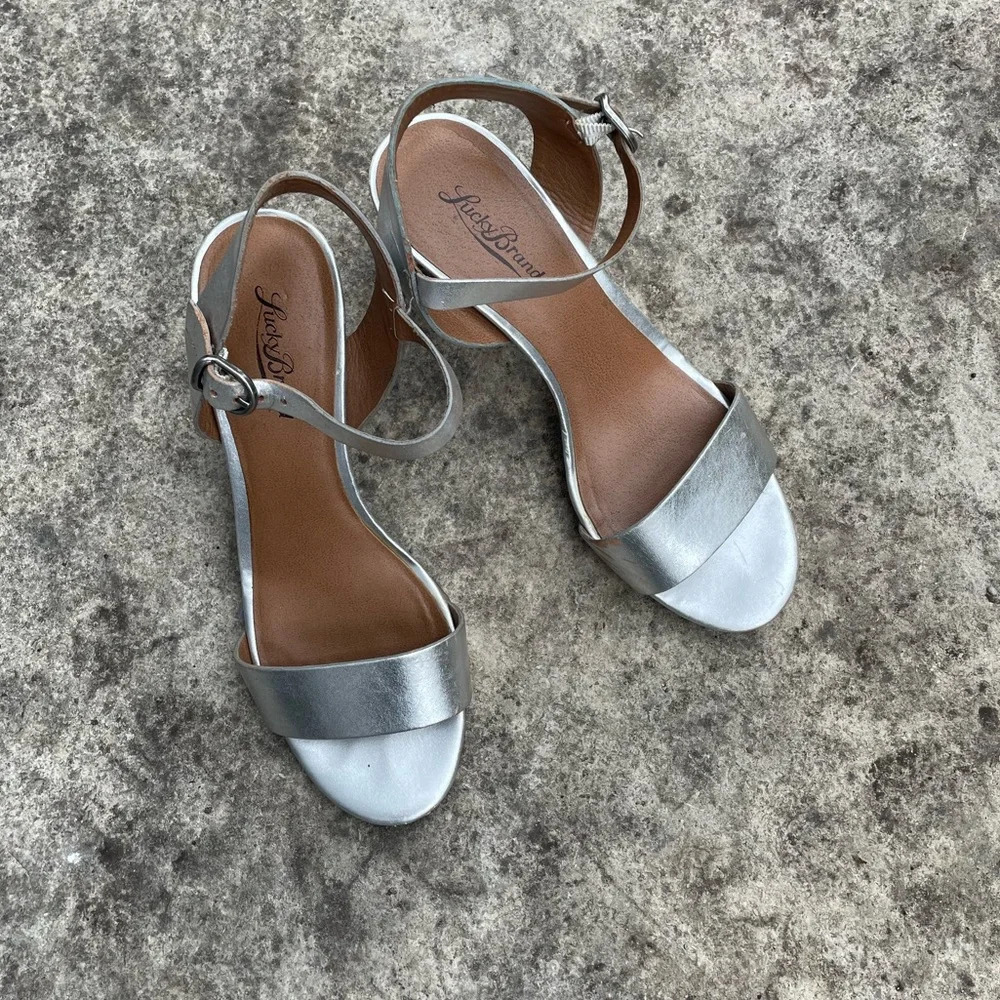 Lucky Brand Silver Ankle Strap Heels, Size 7